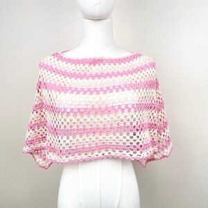 Vintage Handmade Crochet Poncho Sz S Fairy Boho Festival Cottage Delicate Pink